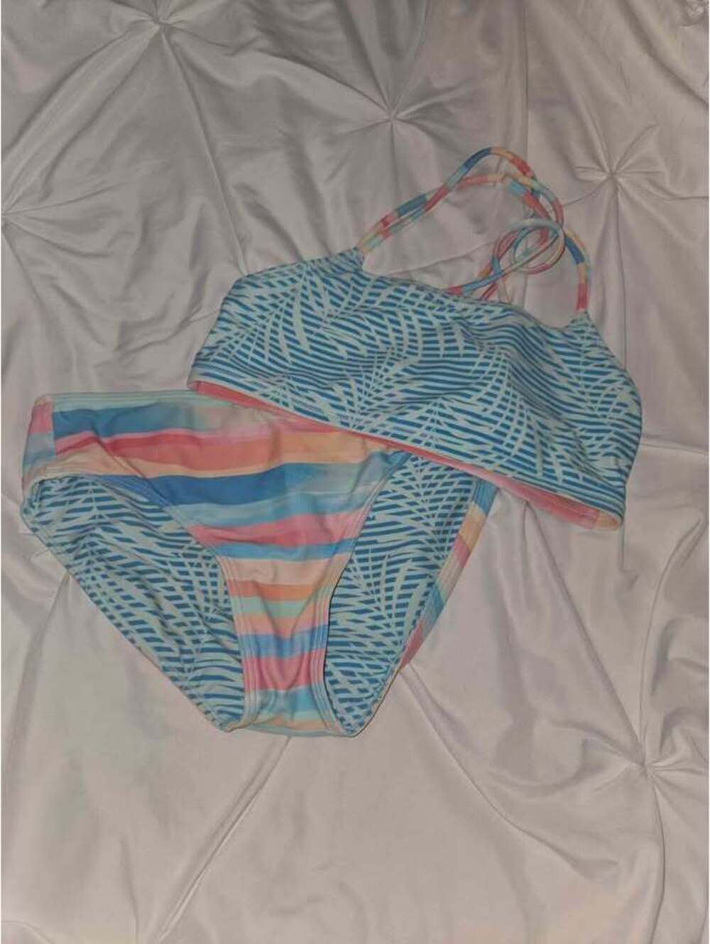 Striped and Palm Print Reversible Bikini Set
